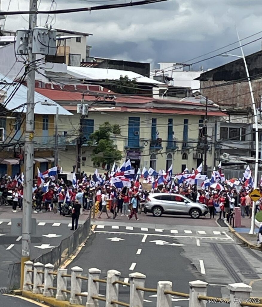 a group of people holding flags on a street