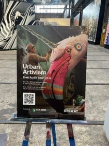 a poster on a stand