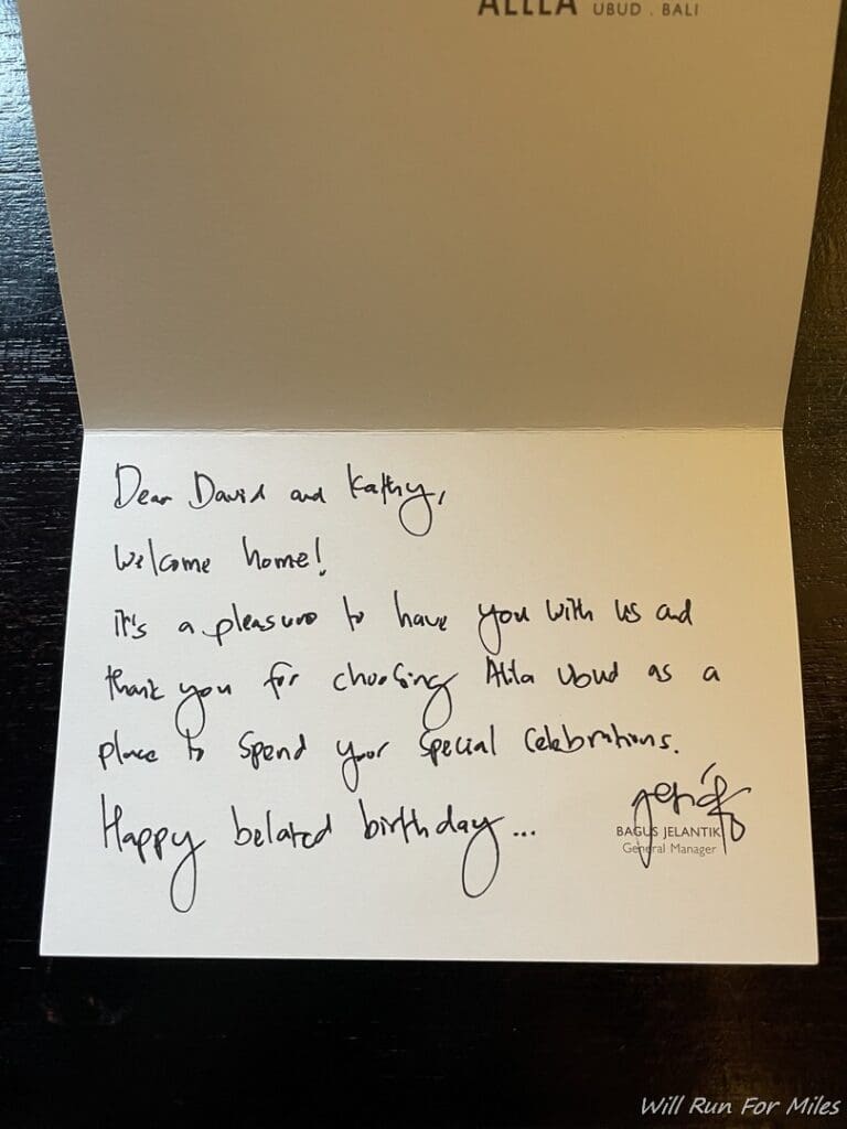 a card with a handwritten note