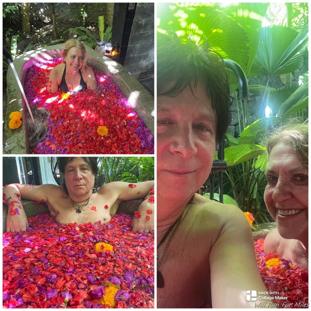 a collage of a man and woman in a bath with flowers