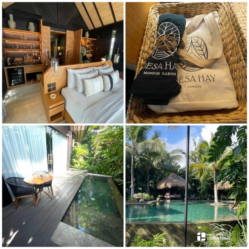 a collage of a room with a pool and a bed