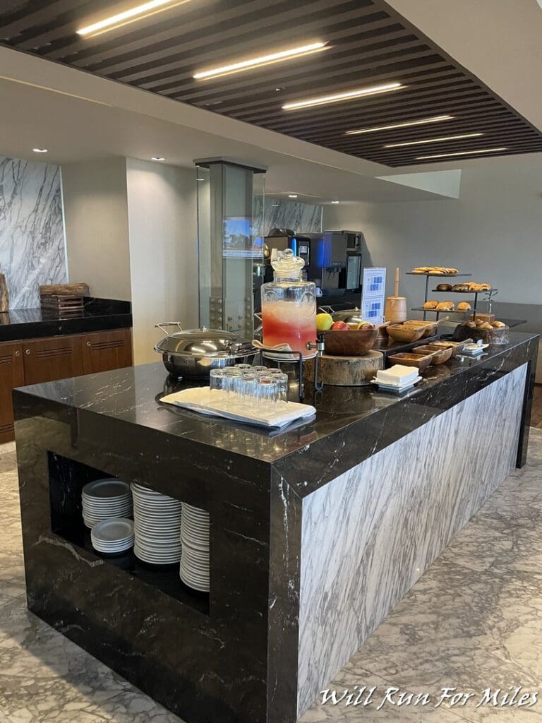 a buffet table with food on it