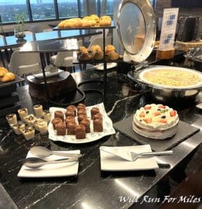 a buffet table with food on it