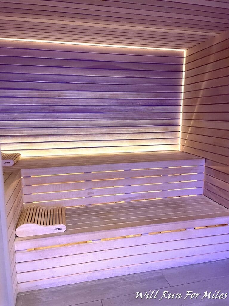 a wooden bench in a sauna