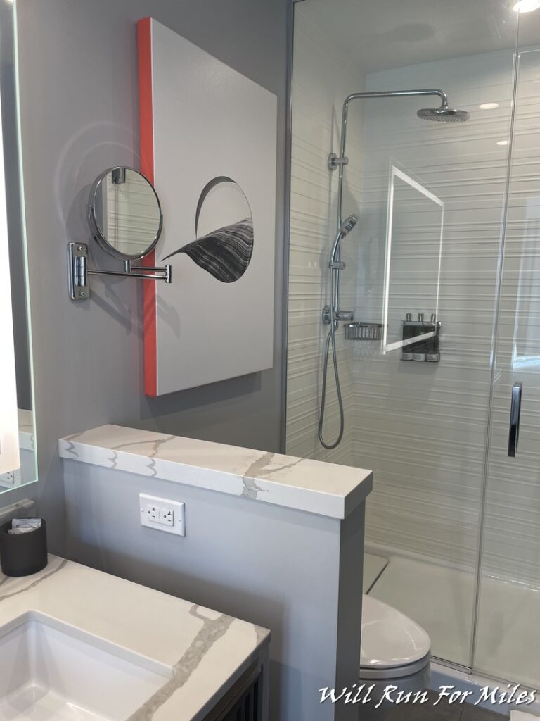 a bathroom with a mirror and a shower