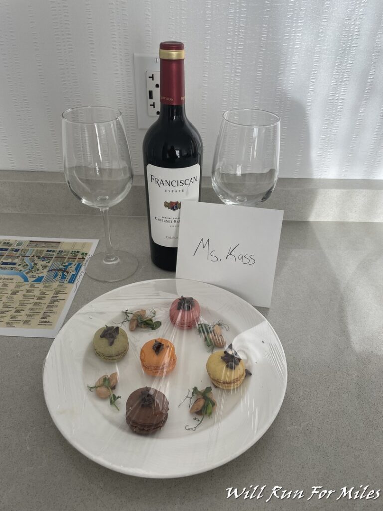 a plate of food and wine