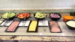 a buffet table with food on it