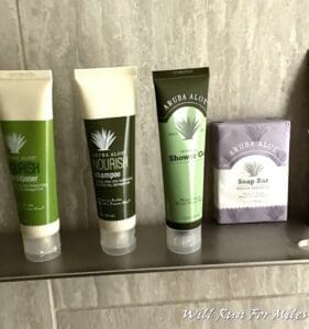 a group of bottles of shampoo and soap on a shelf