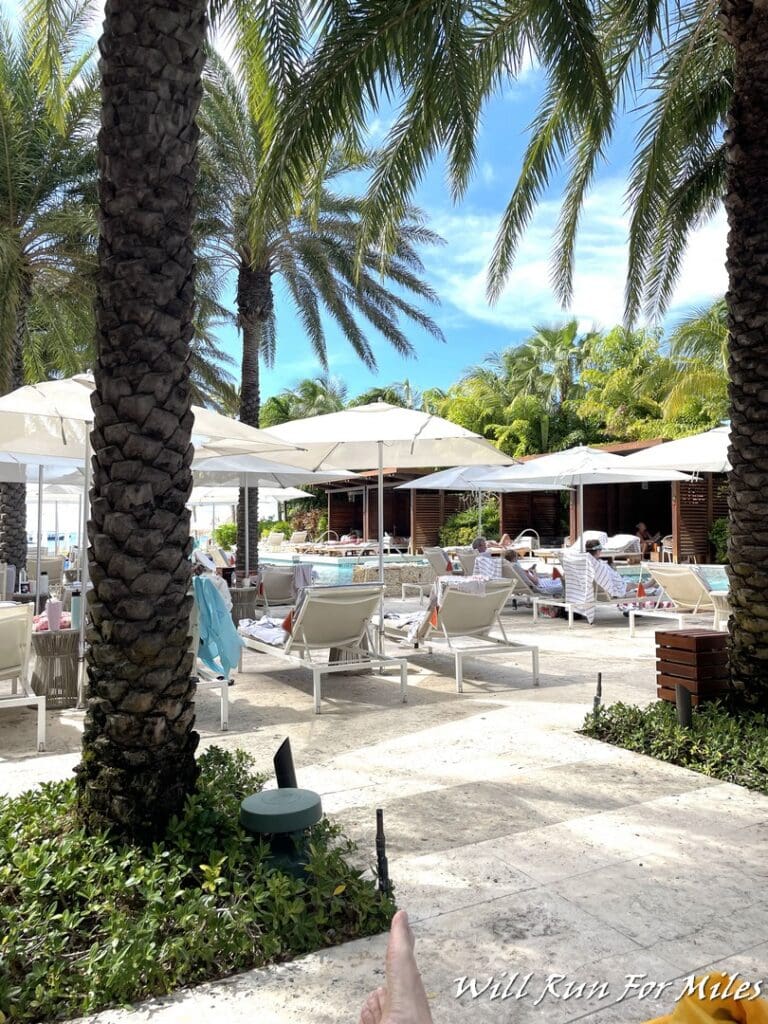 a pool with lounge chairs and umbrellas