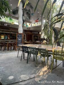 a table and chairs in a building