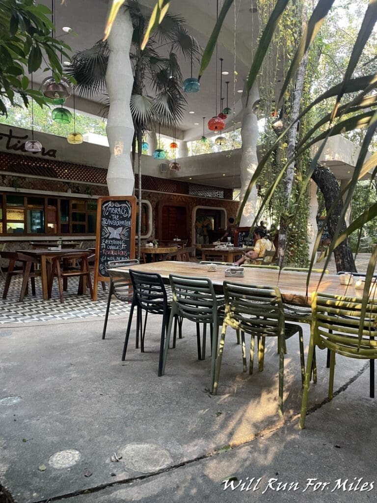 a table and chairs in a building