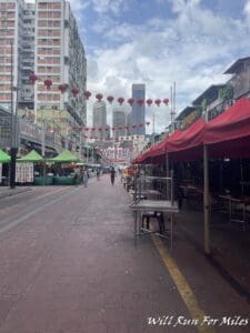 a street with tents and buildings