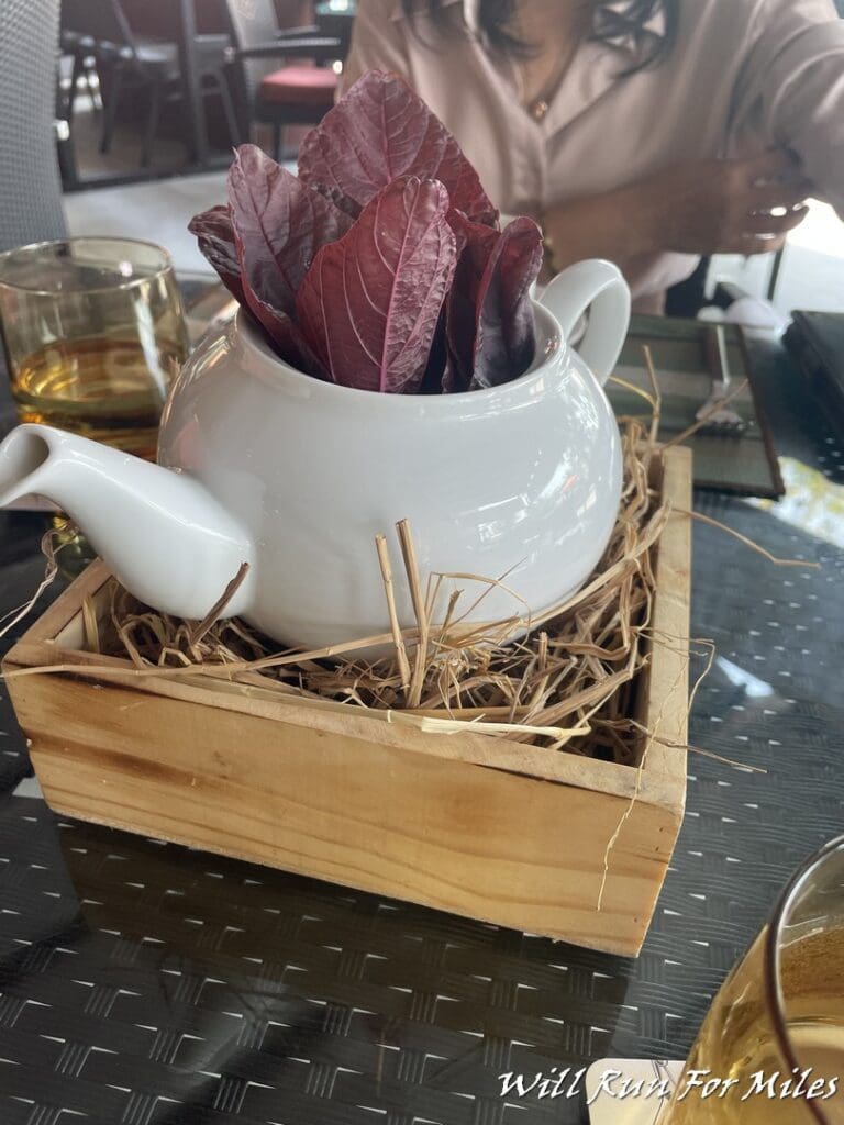 a teapot with leaves in a wooden box