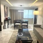 a room with a couch and a table