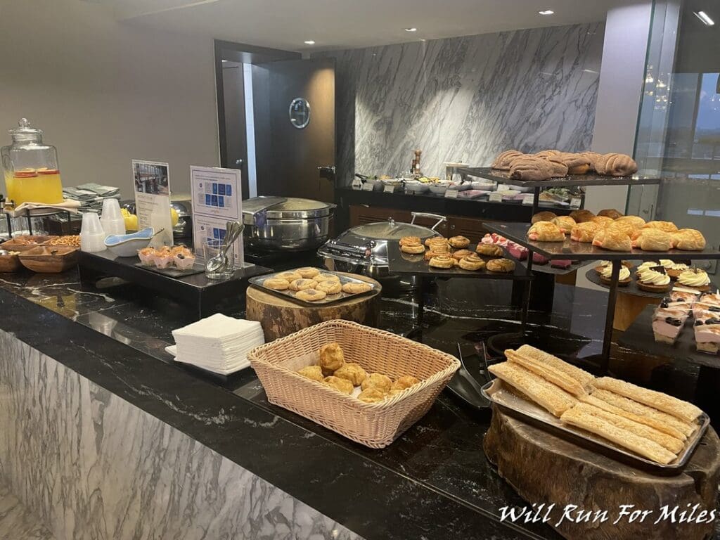 a buffet table with food on it