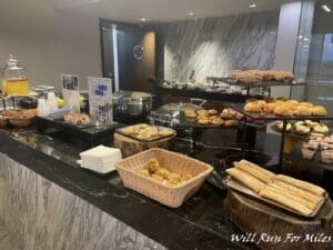 a buffet table with food on it