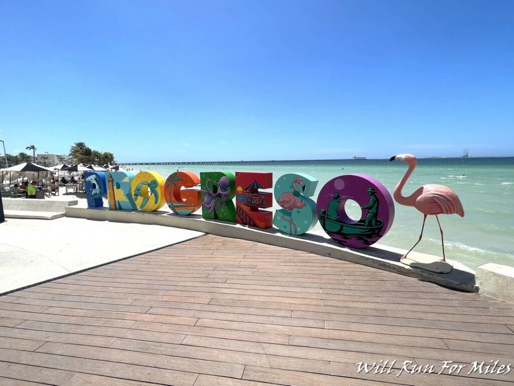 a sign on a boardwalk with a large flamingo on it