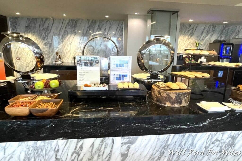 a buffet table with food on it