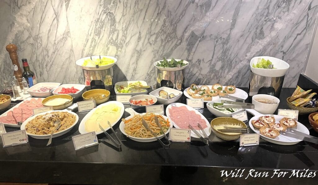 a buffet table with food on it