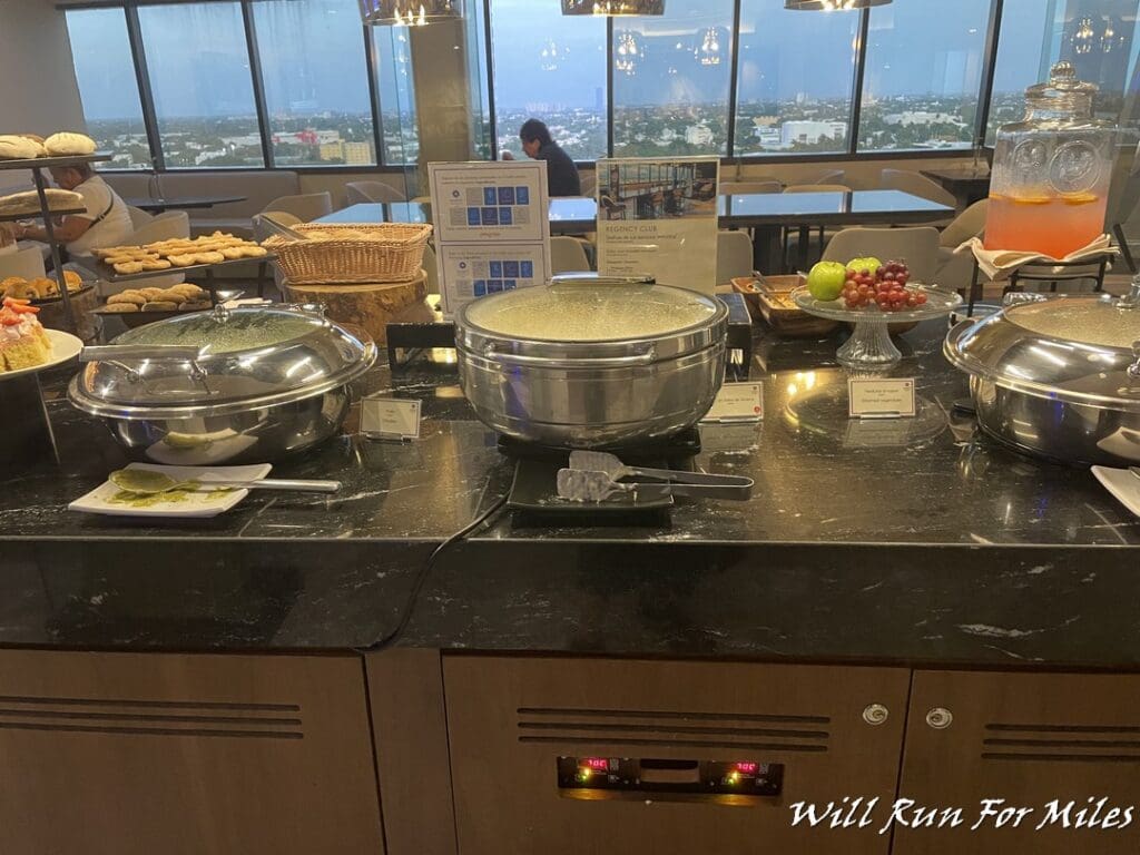 a buffet table with food on it