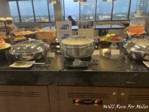 a buffet table with food on it