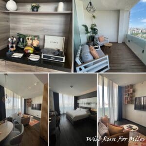 a collage of a room with a television and a table