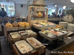 a buffet with food on it