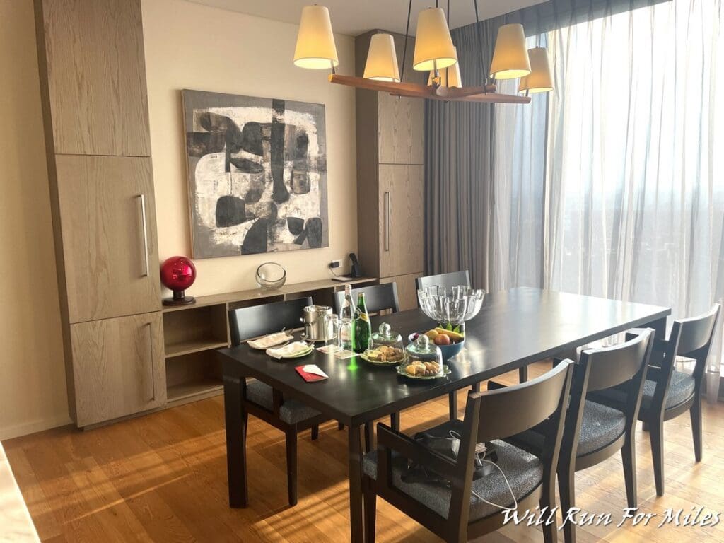 a dining table with food on it