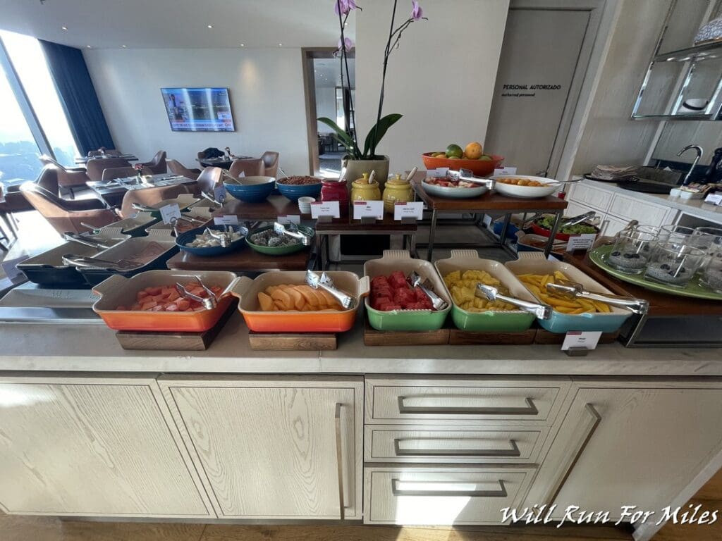 a buffet table with different food items