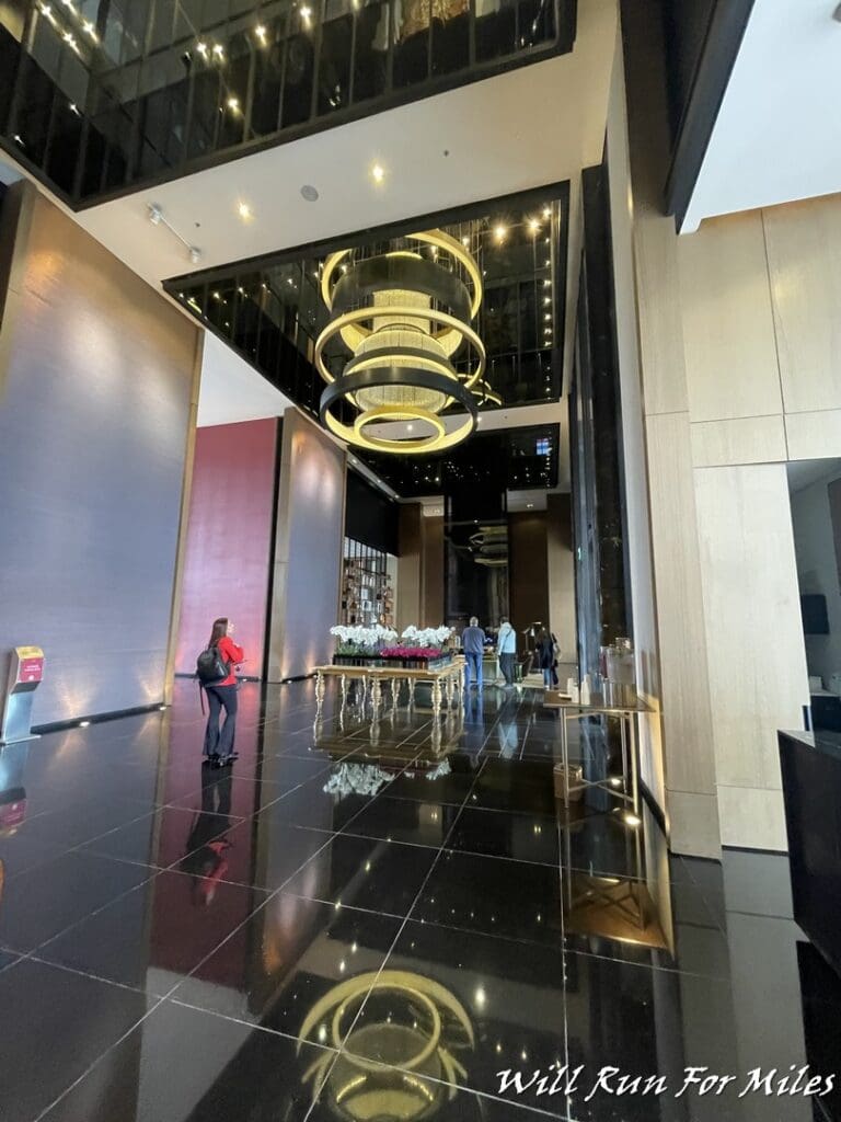 a group of people in a lobby