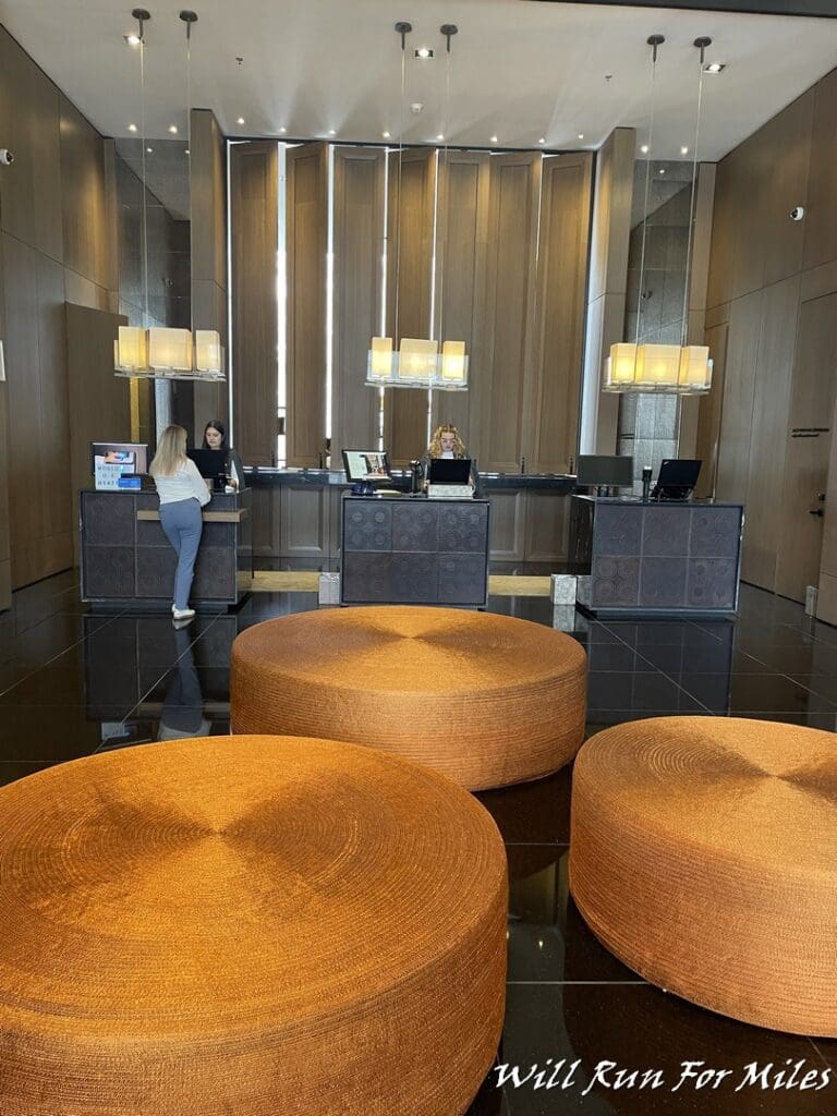 a group of people at a reception desk