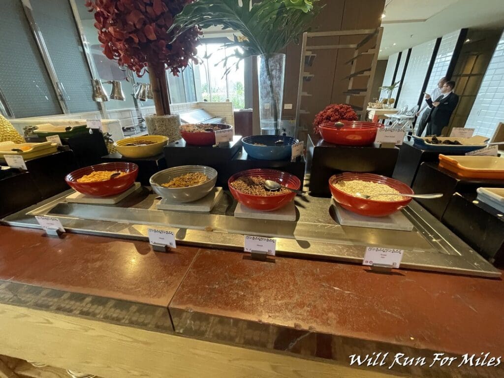 a buffet line of food