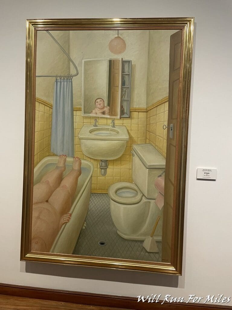a painting of a bathroom with a person in the mirror